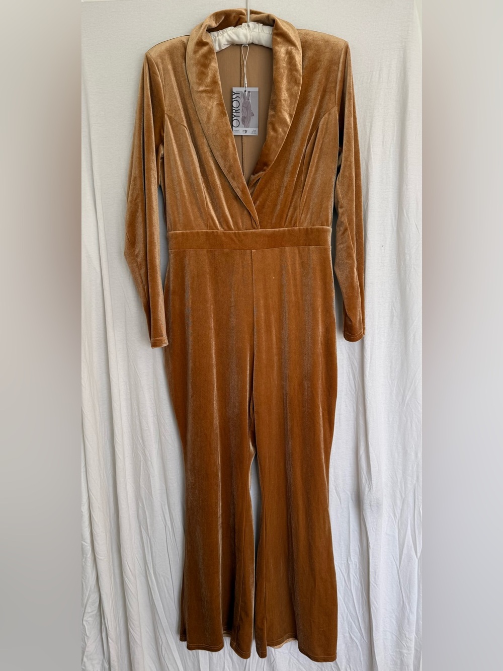 Oyrosy Velvet Long-Sleeve Jumpsuit in Camel